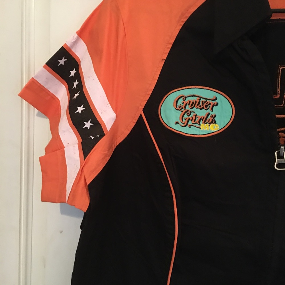 Harley Davidson A Womens 1W Zip Garage Shirt Top Black Coral Turquoise Biker - Picture 6 of 10